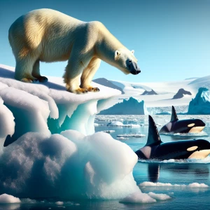 Polar bear on a ice cap looking at the orcas in the ocean,  Nati...