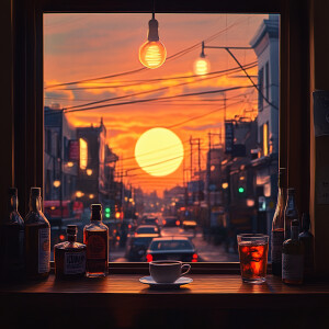 A cozy scene viewed from a café window, capturing a vibrant suns...