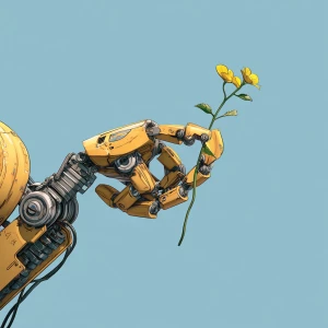 Wall-E robot's hand (arm) touches a flower with a green stem and...
