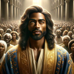 Illustrate an inspiring African-American Jesus crust with a dign...