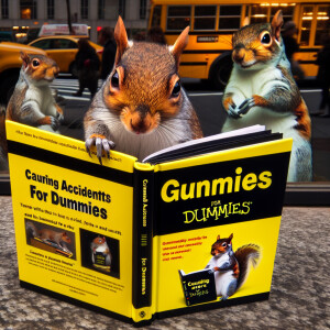A squirrel reads a yellow and black book title ‘Causing Accident...