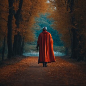 A Knight walking alone from back.