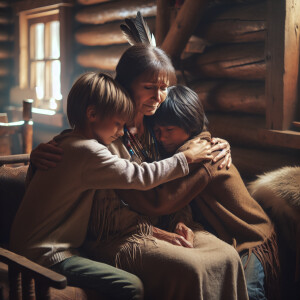 American Indian children hugging and healing their struggling Mo...