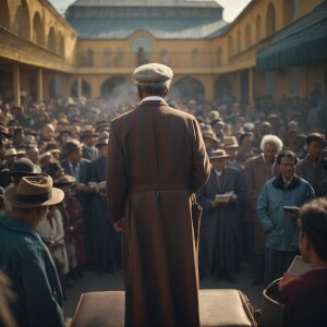An old preacher with Bible in hand is  standing on the  platform...
