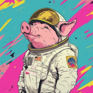 Cute cartoon pig in vintage white spacesuit and NASA style helme...