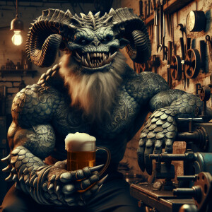 Monster mechanic drinking a beer in an old school tattoo style