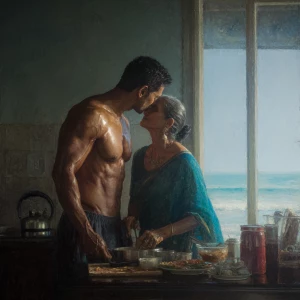 Hyperrealism painting.a muscular sweaty indian man standing an...