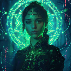 Cyberpunk portrait of a woman, neon-lit mandala glowing in a bio...