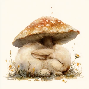 A fluffy rabbit sleeping peacefully under a large spotted mushro...