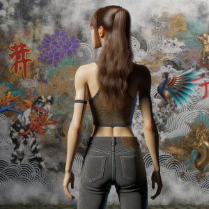 Athletic Thin skinny Attractive, Asian teenage girl, long brown hair and bangs, wearing tight skinny jeans and a halter top paint marks on her clothing, heroic pose Asian graffiti background, backside view