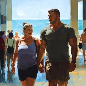 Digital ,painting.A man  muscular beefy sweat walking with his...