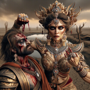 Create a cinematic 8K resolution portrait of a powerful, muscular goddess Durga of Indian mythology. She has an intense gaze, carries a frail evil figure in her arms, and is striking him with her crimson dagger-like fingernails. She is adorned in stunning attire that includes a saree, armor, a grand crown, and an abundance of jewelry, every piece sparkling as if made from diamonds. The scene is set in a barren, arid landscape that heightens the dramatic tension. There is a poignant aftermath of the confrontation, signified by the hint of red scattered around. Pay extra attention to the ultra-detailed depiction of her majestic visage and overall grandeur reminiscent of an epic.