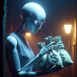 Portrait, surreal humanoid female Robot , observing  bags of mon...