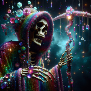A whimsical and vibrant depiction of the grim reaper, wearing a...