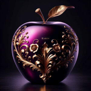 Envision a lustrous, oversized apple with a surface that gleams in a radiant shade of purple, as if lacquered to a high shine, reflecting light from its smooth, curvaceous form. The apple is adorned with elegant gold leaf patterns that swirl luxuriously around its contour, bringing a baroque opulence to its appearance. The stem, a bronzed sculpture in itself, supports a single leaf that seems to glow with an inner luminescence. At the apple’s base, a collection of flowers blooms, their petals softening the scene with organic shapes and colors that harmonize with the vibrant purple and gold. Incorporated into the metallic filigree in an artful script is the name "Karen," as if the apple were personally inscribed, enhancing the custom and bespoke quality of the piece.