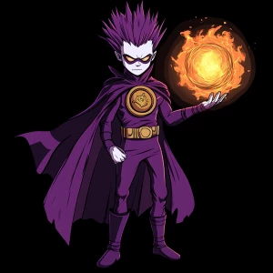 Create an image of a cartoon superhero with a white face and pur...