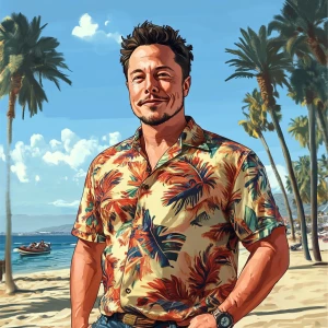 Elon Musk..Man with a mullet and tropical shirt on beach in sunn...