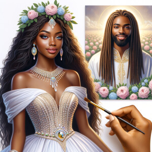 Create a 3-D realistic oil, painting of a beautiful African-Amer...