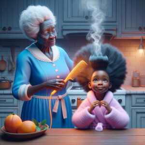 Create a realistic 3-D image of an african-American grandmother wearing a blue house dress and a white apron . She is in the kitchen with her african-American granddaughter. Her granddaughter is wearing a pink bath robe. The grandmother has a hot comb in her hand and she is straightening her granddaughters hair. One side of her granddaughters hair is in  a Afro the other straight 
There is smoke coming from the hot comb
The granddaughter is holding her ear and making a funny face