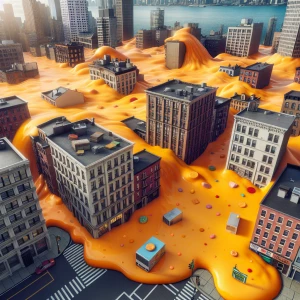 Create an image of a massive flood of orange pudding surging through an urban cityscape, engulfing buildings and streets.