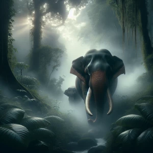 An elephant walking through a misty rainforest, its tusks gleaming in the dim light. The lush greenery surrounds it, and tiny droplets cling to the leaves as a distant waterfall sends up a faint spray. The setting feels timeless and full of quiet grandeur