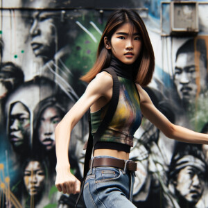 Athletic Thin skinny Attractive, Asian teenage girl, long brown hair and bangs, wearing tight skinny jeans and a halter top paint marks on her clothing, heroic pose Asian graffiti background