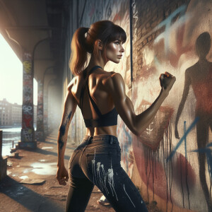 Athletic Thin skinny Attractive, Asian teenage girl, long brown hair and bangs, wearing tight skinny jeans and a halter top paint marks on her clothing, heroic pose Asian graffiti background, backside view