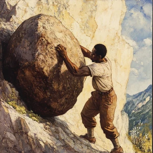 Generate an image depicting a young African American man exerting effort to push a large boulder up a steep hill.