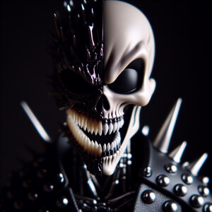 demonic chucky with half skull face with glow-in-the-dark fangs,...