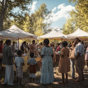 Panoramic outdoor scene featuring a predominantly female group o...