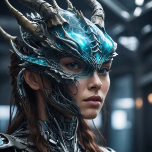 A woman's face transforming into a dragon's snout,synthetic hall...