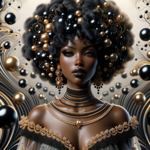 Imagine a digital portrait of a light skinned African-American Latino regal woman named KAREN Her attire and accessories are exclusively adorned with black and gold pearls. They grace her voluminous hair, styled in an elegant updo, where the black pearls form the roots and the gold pearls create the stunning curls. Her ears boast chandelier earrings, with black pearls clustered at the top, transitioning to gold pearls that dangle with delicate grace. Around her neck, a tiered necklace cascades with strands of alternating black and gold pearls, reflecting a sophisticated contrast.

Her shoulders are draped with a luxurious off-shoulder gown, the fabric's weave incorporating intricate patterns formed by black and gold pearls. The gown's texture has a subtle sheen, suggesting a high-quality material with a pearlescent finish. As a centerpiece, a grand brooch sits at her collar, with a large gold pearl surrounded by an elaborate design of smaller black pearls.

The background of the portrait features an abstract composition of floating pearls, swirling in a dance of shadows and light, emphasizing the color theme of black and gold. The name "KAREN" is discreetly integrated into the lower right corner of the artwork, blending seamlessly with the design, as if it were a signature part of the jewelry ensemble. The overall effect is one of timeless elegance, a blend of modern design and classic beauty, all tied together by the luxurious palette of black and gold.