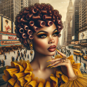 A airbrush image of a honey tone skin curvy woman with ruby red...