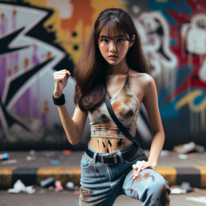 teenage girl, long brown hair and bangs, wearing tight skinny jeans and a halter top paint marks on her clothing, heroic pose Asian graffiti background, nearing on one knee