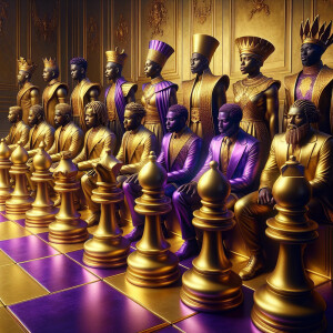 3-D realistic oil, painting, Oh a gold, and purple human chessbo...