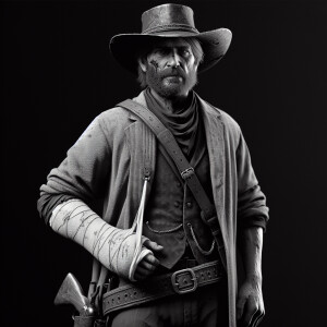A old west gunslinger with one arm in a cast down by his side, f...