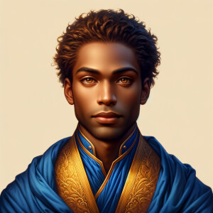 Create handsome African-American, Jesus, with Hazel Brown eyes wearing a blue and gold robe