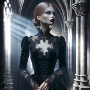 A hauntingly elegant woman standing in a dimly lit chamber, her figure framed by tall stone arches. She wears a flowing black velvet gown adorned with intricate lace at the cuffs and collar, her red lips standing out vividly against her pale complexion. A faint shaft of light falls from a high stained glass window, catching the fine details of her attire and casting long, dramatic shadows