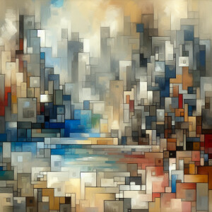 Describe an abstract painting in stunning faint shades of gray,...