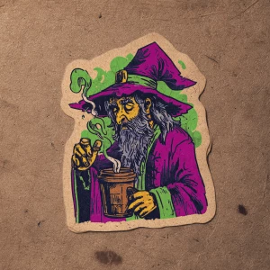 Create a sticker for hand-drawn wizard brewing coffee, fun bold...