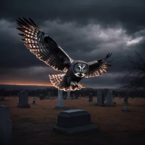 Great Grey Owl with large wingspan clutching a severed arm in it...