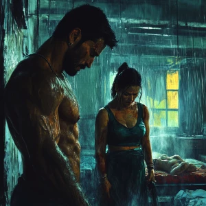 realism art style.A sweaty beefy muscular man burying dead body...