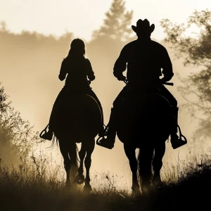 Silhouette from behind of a dad and teenage daughter riding back...