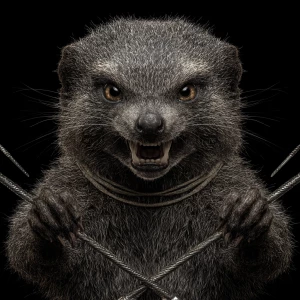 A anthropomorphic mongoose with a wild, crazy smile and intense...