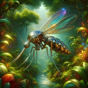 Title: Metamorpho-Mosquito: The Nanotech Shapeshifter

In the depths of a dense tropical forest, a strange phenomenon begins to unfold. A solitary mosquito, unlike any other, buzzes through the thick foliage, its sleek, metallic body gleaming under the dappled sunlight. This is no ordinary insect; this is Metamorpho-Mosquito, a sentient being of untold power and potential.

As it lands on a leaf, its form begins to shift and contort, tiny mechanisms whirring and clicking as it transforms into a miniature humanoid figure, standing at the same height as a common mosquito. Its tiny eyes gleam with an otherworldly intelligence, and its limbs move with a fluid grace, belying its minuscule size.

Metamorpho-Mosquito is not bound by the limitations of its insect form; it possesses the ability to change its shape at will, shifting from mosquito to human and back again in the blink of an eye. With each transformation, it gains new abilities and strengths, drawing on the power of advanced nanotechnology and robotics to manipulate its own molecular structure.

But this creature harbors a dark secret. Beneath its sleek exterior lies a malevolent purpose - to spread chaos and destruction wherever it goes. Through its unique abilities, Metamorpho-Mosquito can transmit a multitude of deadly diseases and pathogens, each more potent and dangerous than the last. Its very presence is a harbinger of doom, its buzzing wings a warning of the devastation to come.

As Metamorpho-Mosquito continues its journey through the forest, its true nature remains shrouded in mystery. What drives this enigmatic being, and what dark fate awaits those who cross its path? Only time will reveal the answers, as the nanotech shapeshifter embarks on a perilous quest for power and domination.