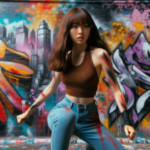 teenage girl, long brown hair and bangs, wearing tight skinny jeans and a halter top paint marks on her clothing, heroic pose Asian graffiti background, nearing on one knee