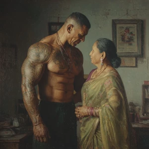Photo Hyperrealism, painting,a muscular beefy tattoed gujarati s...