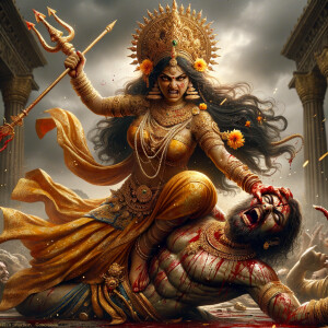 portrait of angry looking, indian goddess trampling a defeated mahishasur with her foot, while he is lying on the ground, she has a trident in her hand. She is wearing gold armor, a huge gold crown, gold saree, abundant  gold jewelry, covered in blood. The scene is set in ancient India. The image is 8K resolution, cinematic, photography, ultra detailed face and epic.