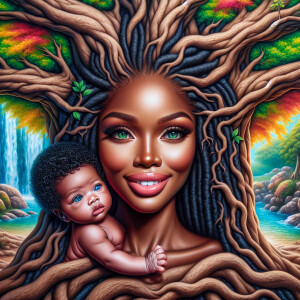 Create a close-up, hyper-realistic 3-D oil painting of a tree wi...