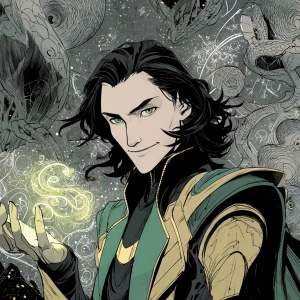 Graphic novel style illustration of Loki, Norse god of mischief...